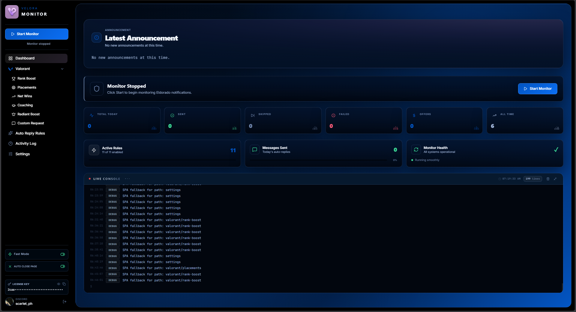 Velora monitor dashboard